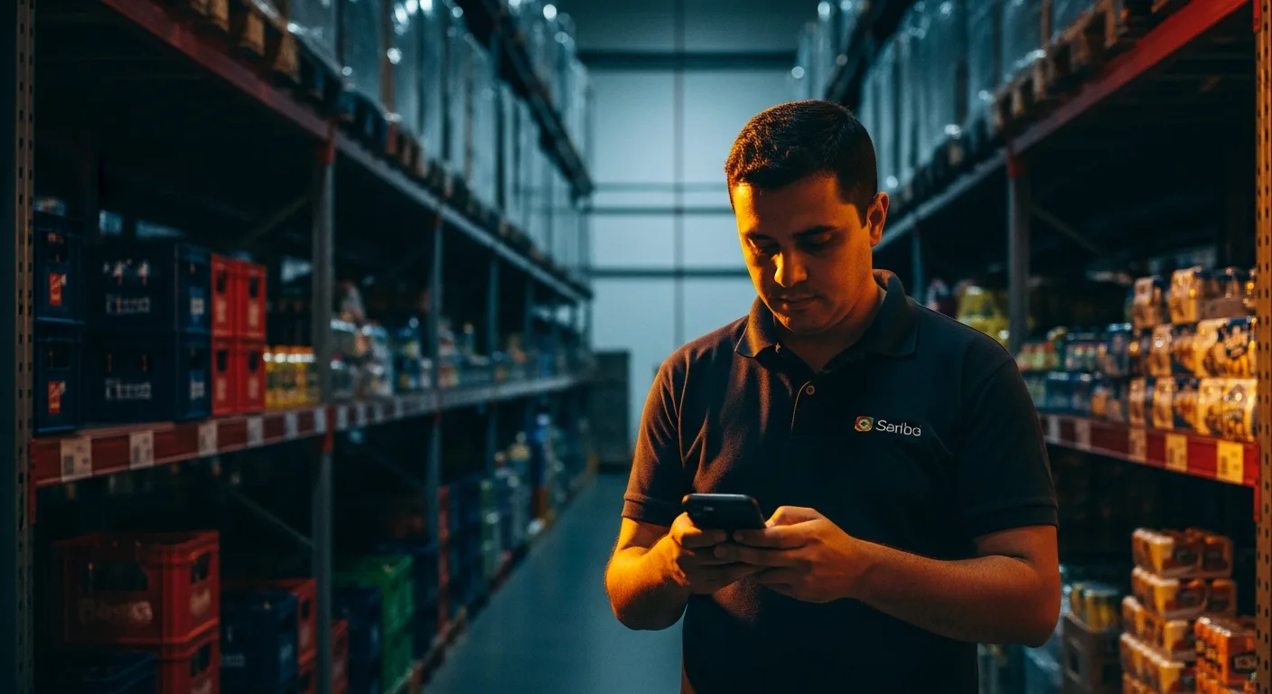 Vendedor externo usando app de vendas externas PowerGO no celular durante visita ao cliente