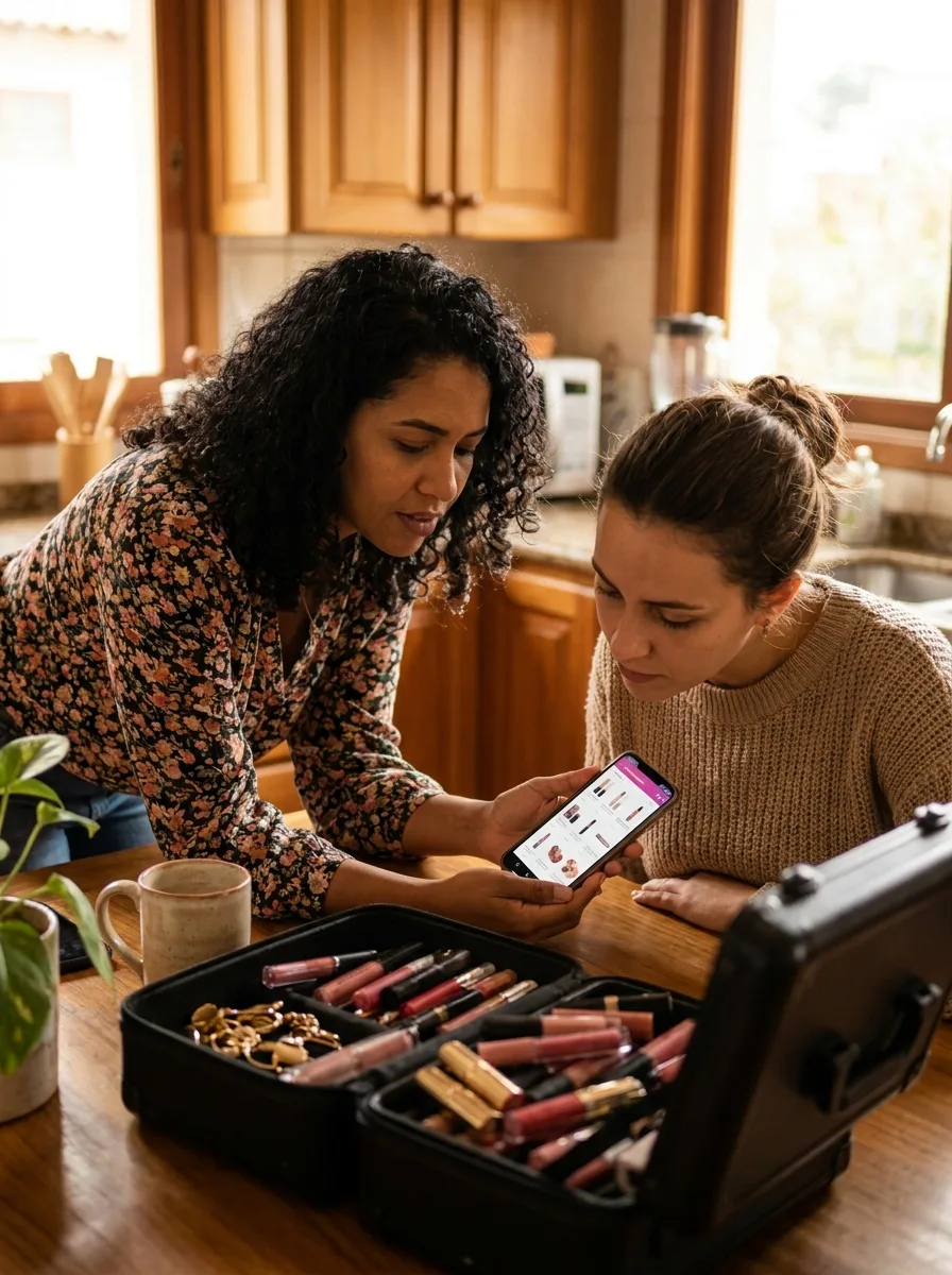 Revendedora mostrando o catálogo de cosméticos no app para uma cliente, com a maleta consignada aberta na mesa
